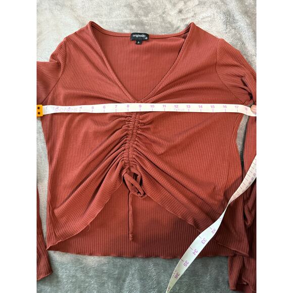 NWOT Originality Large Rust‎ Orange Brown Long Sleeve Cropped Ribbed Lettuce Hem - Picture 7 of 8